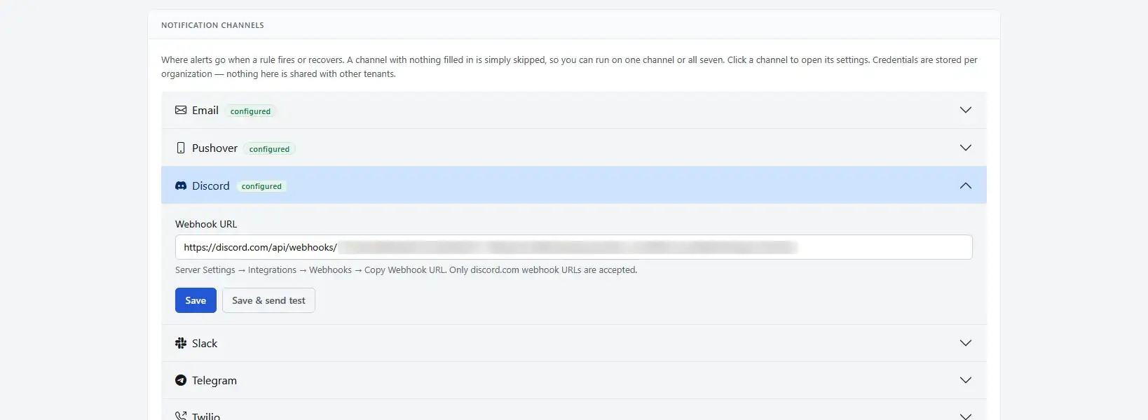 The notification channels: Email, Pushover, Discord, Slack, Telegram, Twilio and webhook, each opening to its own settings.
